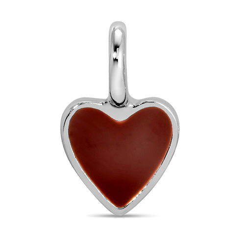 A silver heart-shaped charm with a brown enamel fill is displayed against a black background.
