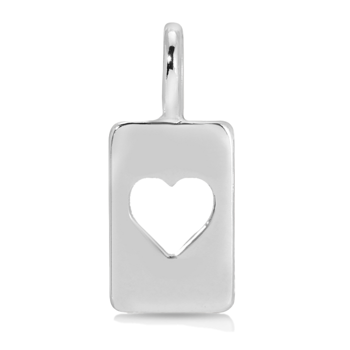 A polished silver tag pendant has a heart-shaped cutout.