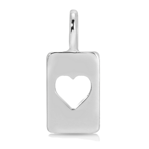 A polished silver tag pendant has a heart-shaped cutout.