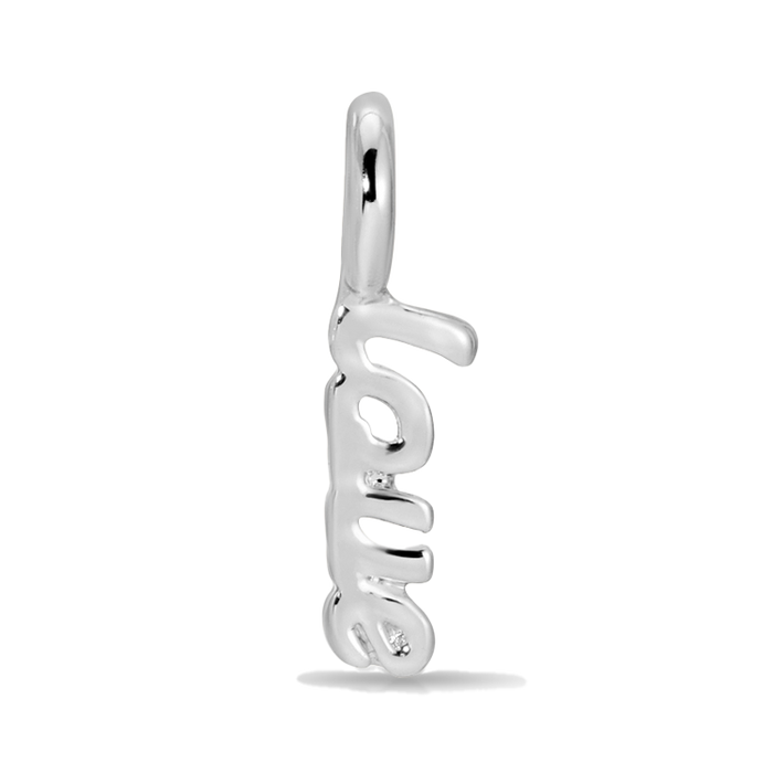 A shiny metal charm spelling out 'love' is shown vertically against a black background.
