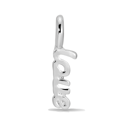 A shiny metal charm spelling out 'love' is shown vertically against a black background.