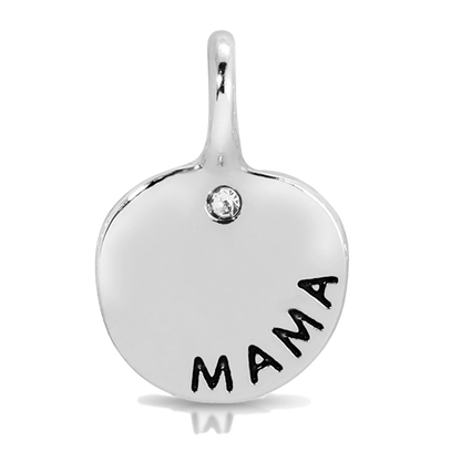 A silver charm pendant with a small diamond and the word 'mama' on it.