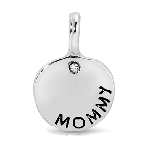 A silver charm with a loop at the top, a small gem, and the word 'MOMMY'.