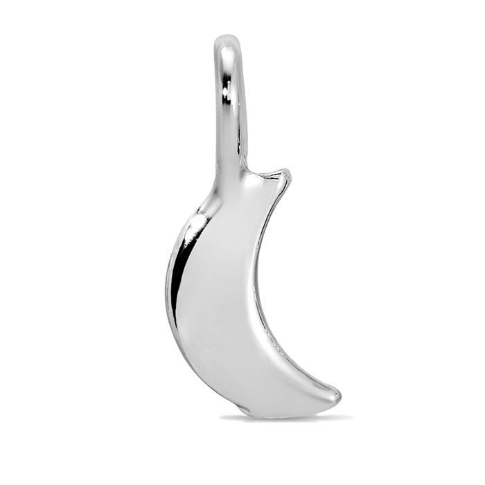 A crescent moon-shaped pendant with a silver finish is shown in profile view.