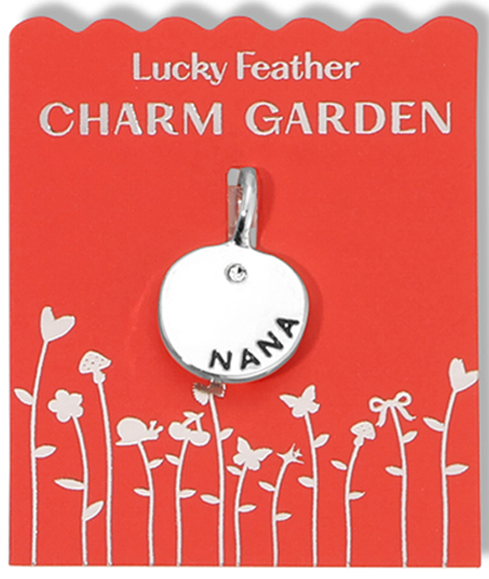 A 'Lucky Feather Charm Garden' card displays a round, silver charm with the word 'NANA' on it.