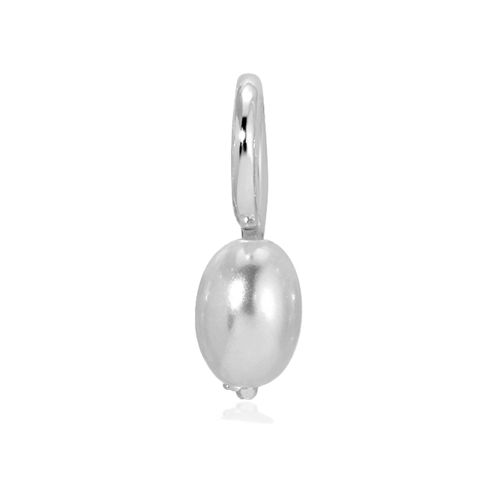 A shiny silver earring with an oval bead and hoop is displayed.