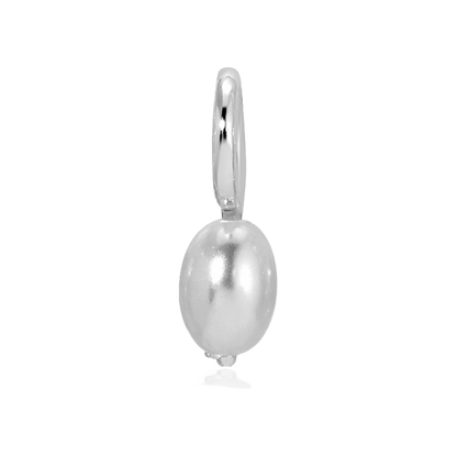 A shiny silver earring with an oval bead and hoop is displayed.