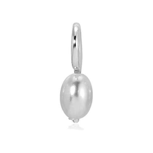 A shiny silver earring with an oval bead and hoop is displayed.