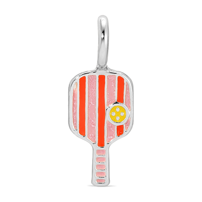 A pickleball paddle charm with pink and red stripes and a yellow ball is displayed.