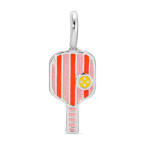 A pickleball paddle charm with pink and red stripes and a yellow ball is displayed.