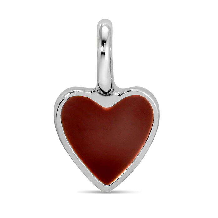 A silver heart-shaped pendant with a brown filling is pictured against a black background.