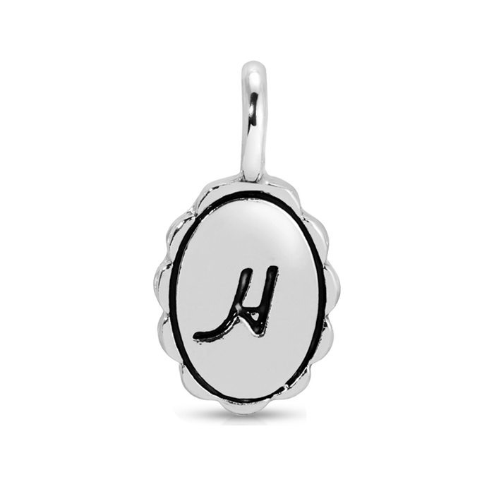 A silver charm with the letter 'H'.