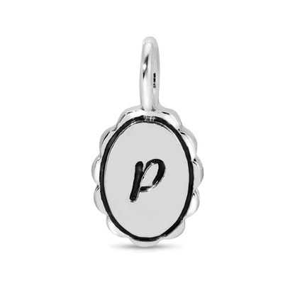 Silver charm with the letter 'p' in the center.