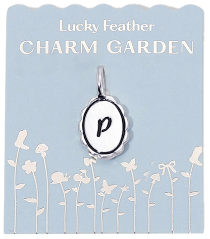 A 'Lucky Feather Charm Garden' card displaying a letter 'p' charm.