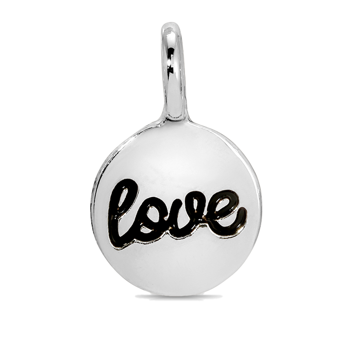 A silver charm features the word 'love' in black lettering.