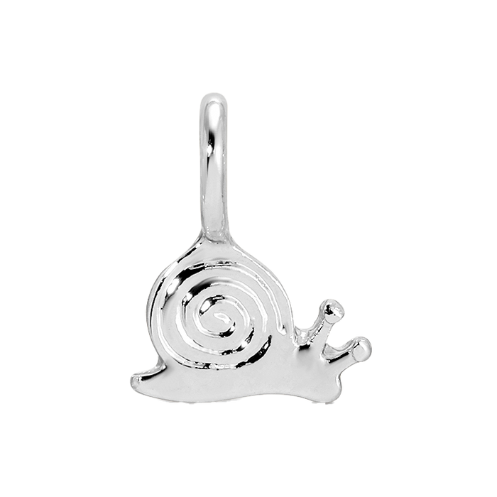 A silver-colored snail charm or pendant is displayed against a black background.