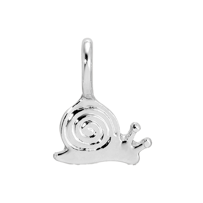 A silver-colored snail charm or pendant is displayed against a black background.