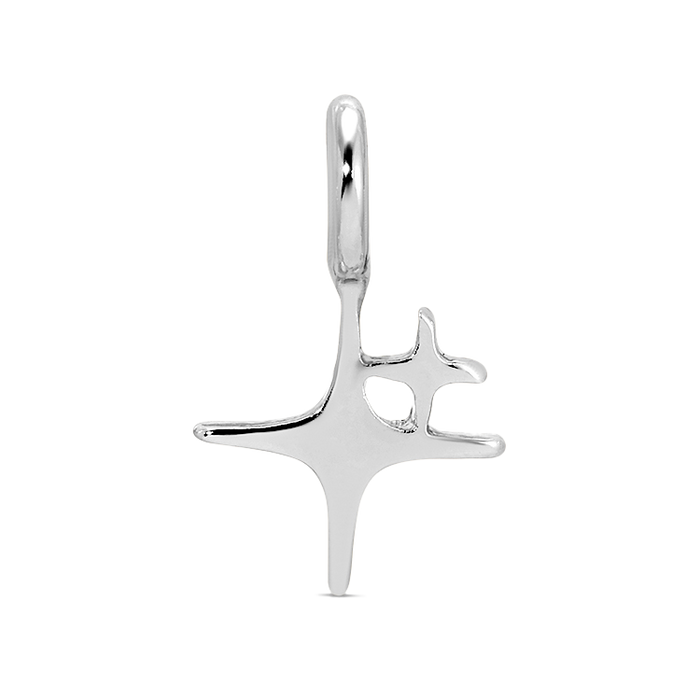 A silver-colored metal earring in the shape of a stylized star is presented against a black background.