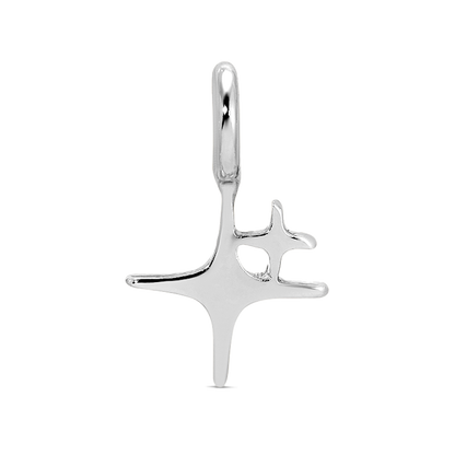A silver-colored metal earring in the shape of a stylized star is presented against a black background.
