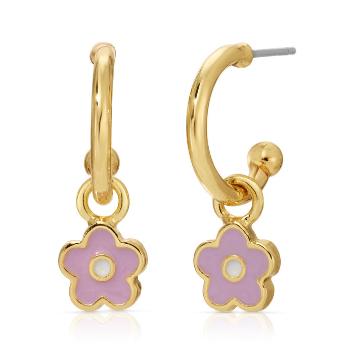 Two gold hoop earrings with pink flower charms are displayed against a white background.