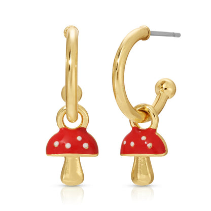 Pair of gold hoop earrings with a mushroom charm.