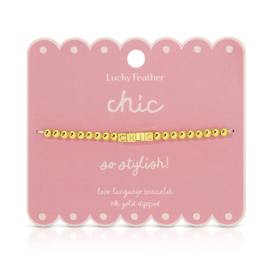 A 'Chic' beaded bracelet is displayed on its pink, scalloped product card.