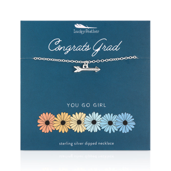 A 'Congrats Grad' gift card displays a sterling silver necklace with an arrow pendant, accompanied by the phrase 'You Go Girl' and colorful daisy illustrations.