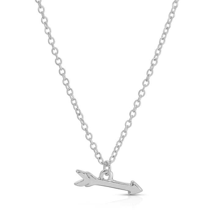 A silver chain necklace with an arrow pendant.