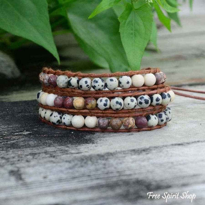 Dalmatian Jasper & Red Jasper Leather Bead Wrap Bracelet