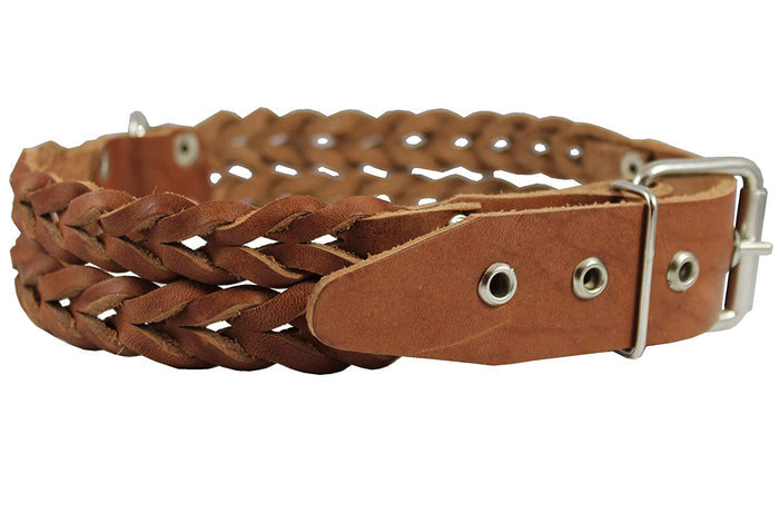 Dogs My Love Double Braid Brown Genuine Leather Dog Collar 1.5" Wide, Fits 19.5"-22.5" Neck, Large