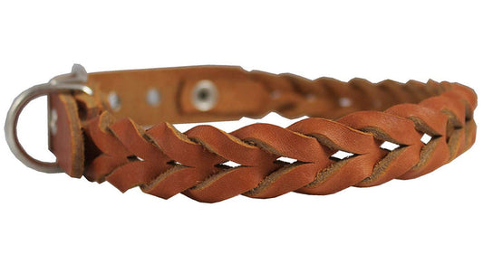 Dogs My Love Tan Genuine Leather Braided Dog Collar Braided 1" Wide, Fits 18"-21.5" Neck, Medium