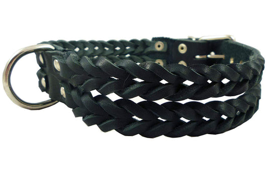 Double Braid Black Genuine Leather Dog Collar Braided 1.5" Wide, Fits 19.5"-22.5" Neck, Large