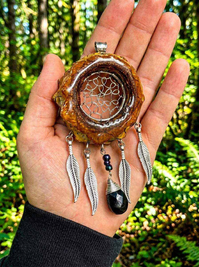 Dreamcatcher Pinecone Pendant with Feather Charms