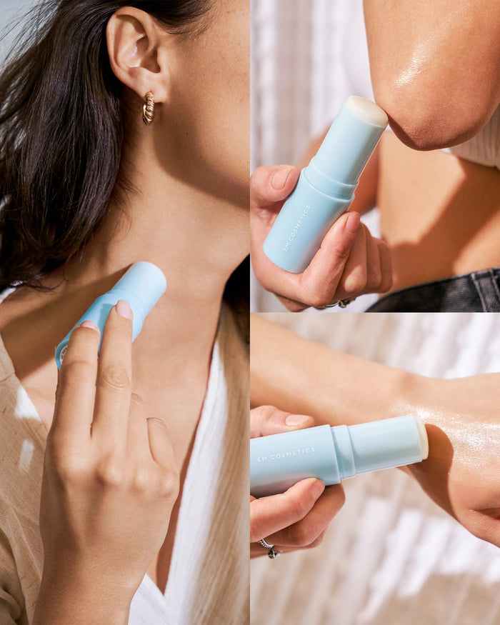 Model with medium skin applies EM Cosmetics Face Cuddle Moisture Balm to collarbones for a healthy-looking sheen.