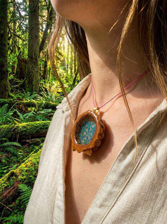 Flower of Life Pinecone Pendant - Handcrafted Crushed Glass Beauty from the PNW