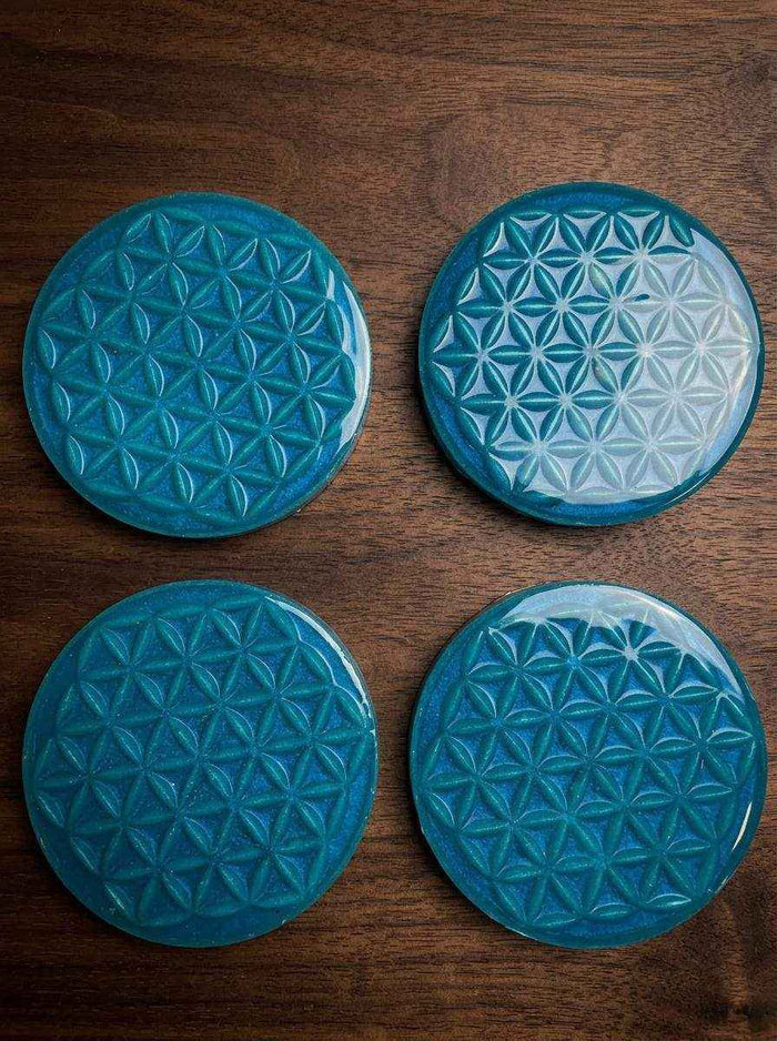 Flower of Life Resin Coasters | Teal Blue Sacred Geometry Drinkware