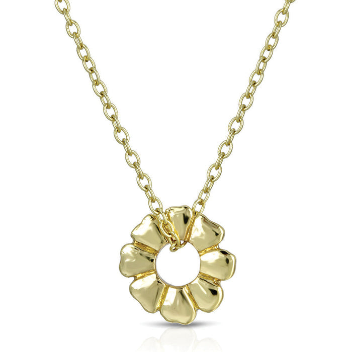 A gold chain necklace with a flower-shaped pendant.