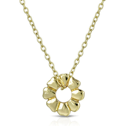 A gold chain necklace with a flower-shaped pendant.