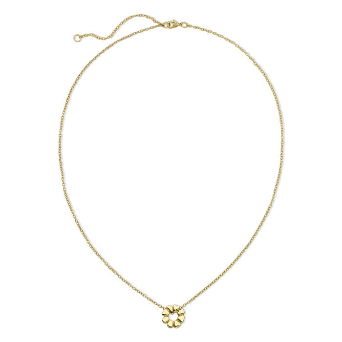 A delicate gold necklace with a flower pendant is displayed.