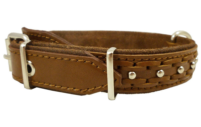 Genuine Leather Braided Studded Dog Collar, Brown 1.25" Wide. Fits 16"-20.5" Neck.