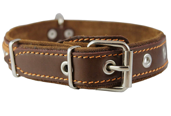 Genuine Leather Braided Studded Dog Collar, Brown 1.25" Wide. Fits 16"-20.5" Neck.
