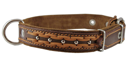 Genuine Leather Braided Studded Dog Collar, Brown 1.25" Wide. Fits 16"-20.5" Neck.