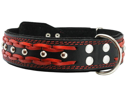Genuine Leather Braided Studded Dog Collar, Red on Black 1.75" Wide. Fits 22"-27" Neck, Xlarge.