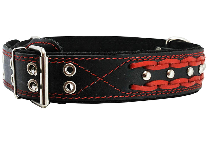 Genuine Leather Braided Studded Dog Collar, Red on Black 1.75" Wide. Fits 22"-27" Neck, Xlarge.