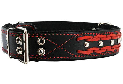Genuine Leather Braided Studded Dog Collar, Red on Black 1.75" Wide. Fits 22"-27" Neck, Xlarge.
