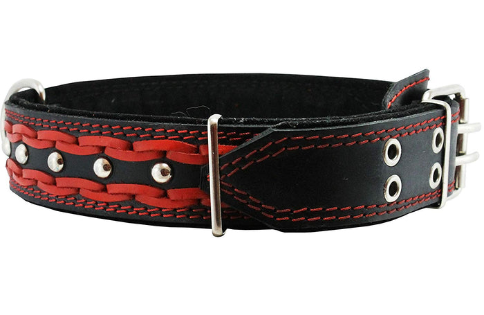 Genuine Leather Braided Studded Dog Collar, Red on Black 1.75" Wide. Fits 22"-27" Neck, Xlarge.