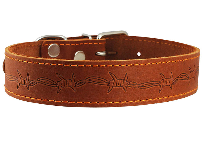 Genuine Leather Dog Collar Barb Wire Pattern Brown 4 Sizes