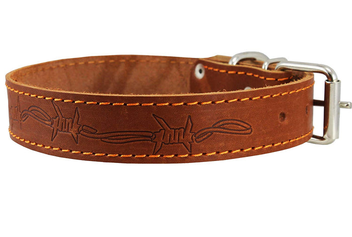 Genuine Leather Dog Collar Barb Wire Pattern Brown 4 Sizes