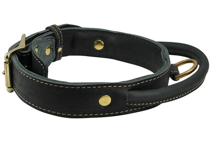 Genuine Leather Dog Collar, Rolled Leather Handle Black