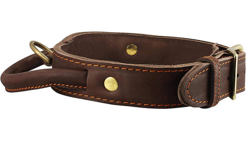 Genuine Leather Dog Collar, Rolled Leather Handle Brown